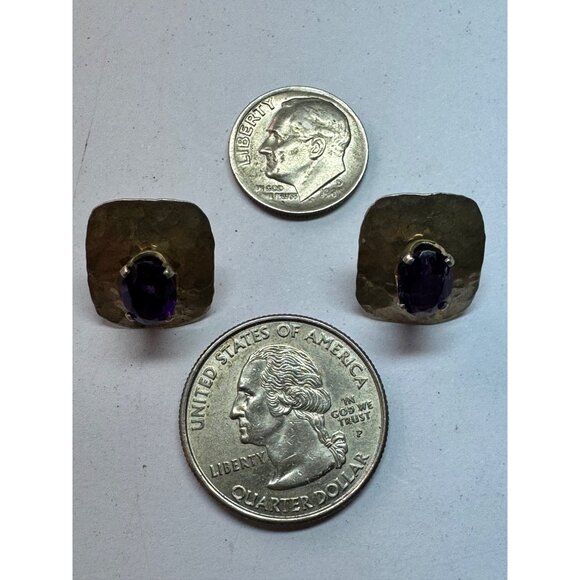 Estate Sterling Silver Hammered Stud Earrings with Purple Gemstones, 3.0g - Picture 6 of 8